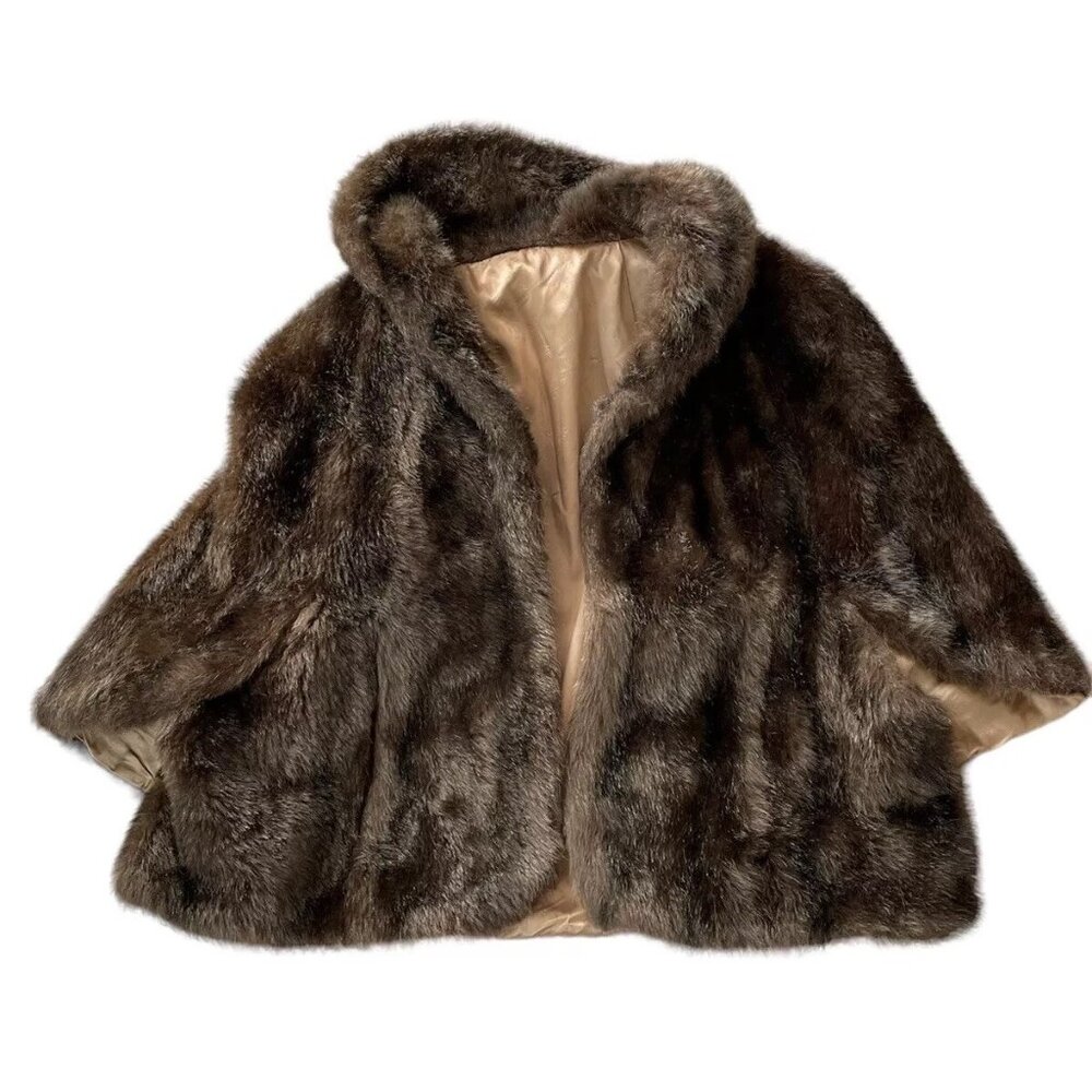 Glenoit Deep Pile Faux Fur Wrap Stole Cape Vintage 50’s-60’s Brown Satin Inside